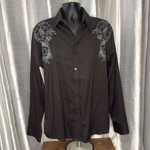 Level Ten Men’s XXL Textured Striped Brown Floral Graphics Button Up Shirt